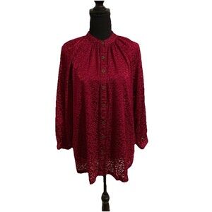by Anthropologie Size Large Top Susanna Floral Velvet Burnout Maroon Semi Sheer
